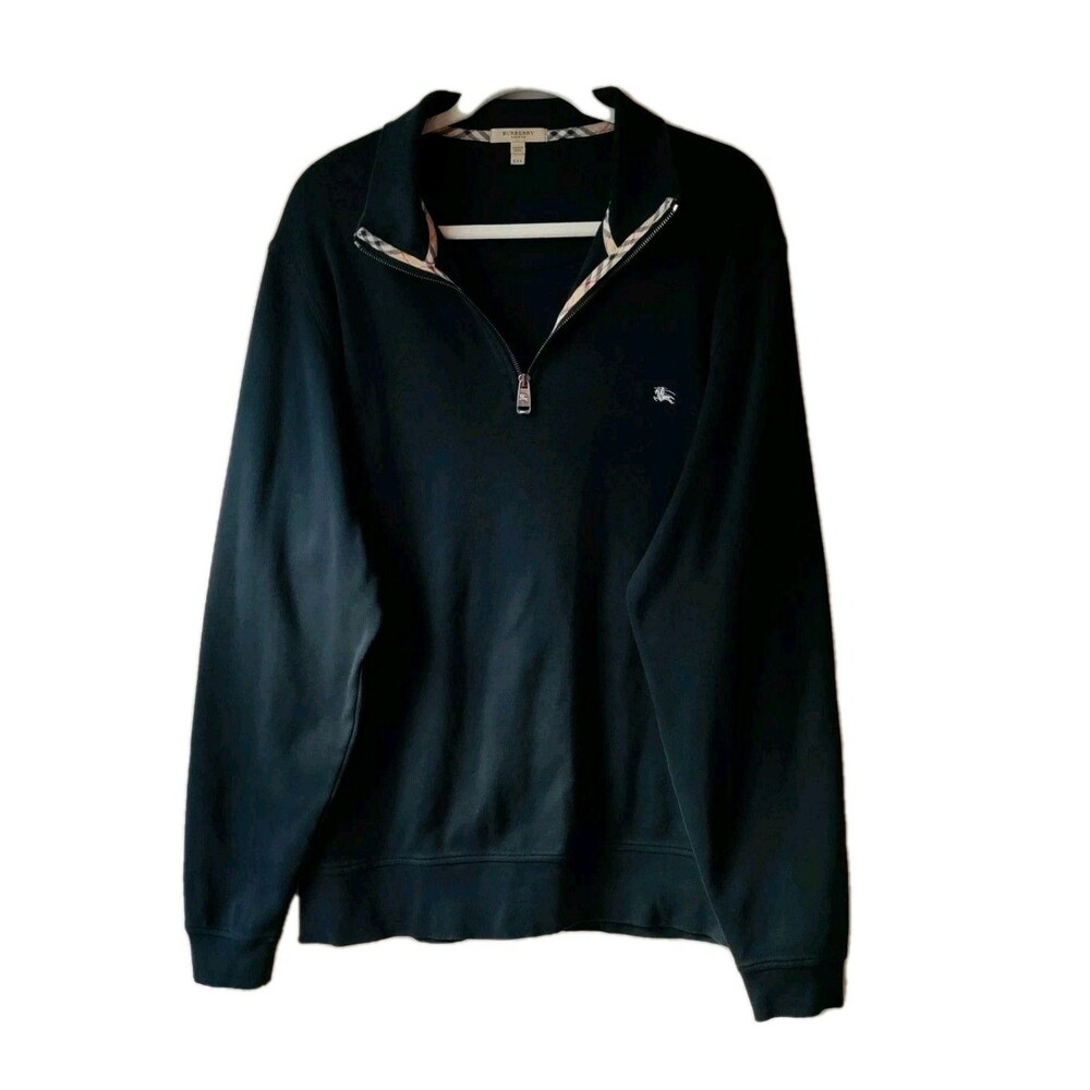 Burberry Brit 1/4 Zip Pullover Sweater In Black Cotton Check Trim Logo Men XXL